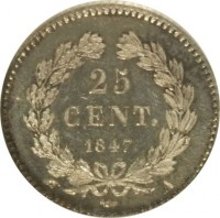 reverse of 25 Centimes - Louis-Philippe (1845 - 1848) coin with KM# 755 from France. Inscription: 25 CENT. 1847 A