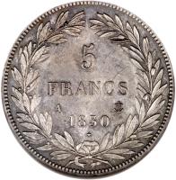 France coin 5 Francs - Louis-Philippe - Relief (1830 - 1831) reverse reverse of 5 Francs - Louis-Philippe - Relief (1830 - 1831) coin with KM# 736 from France. Inscription: 5 FRANCS A 1830