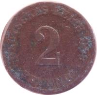 reverse of 2 Pfennig - Wilhelm I - Small eagle (1873 - 1877) coin with KM# 2 from Germany. Inscription: DEUTSCHES REICH 1875 2 . PFENNIG .