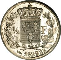 reverse of 1/2 Franc - Charles X (1825 - 1830) coin with KM# 723 from France. Inscription: ½ F 1829BB