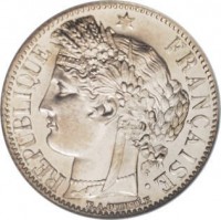 obverse of 1 Franc (1849 - 1851) coin with KM# 759 from France. Inscription: REPUBLIQUE * FRANÇAISE.