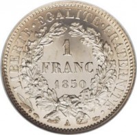 France coin 1 Franc (1849 - 1851) reverse reverse of 1 Franc (1849 - 1851) coin with KM# 759 from France. Inscription: LIBERTE · EGALITE · FRATERNITE · 1 FRANC 1850 A