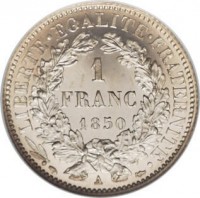 reverse of 1 Franc (1849 - 1851) coin with KM# 759 from France. Inscription: LIBERTE · EGALITE · FRATERNITE · 1 FRANC 1850 A