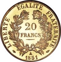 reverse of 20 Francs (1849 - 1851) coin with KM# 762 from France. Inscription: LIBERTE EGALITE FRATERNITE 20 FRANCS A 1851