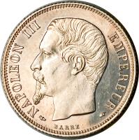 obverse of 1 Franc - Napoleon III (1853 - 1863) coin with KM# 779 from France. Inscription: NAPOLEON III EMPEREUR
