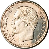 France coin 1 Franc - Napoleon III (1853 - 1863) obverse obverse of 1 Franc - Napoleon III (1853 - 1863) coin with KM# 779 from France. Inscription: NAPOLEON III EMPEREUR