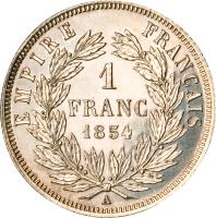 reverse of 1 Franc - Napoleon III (1853 - 1863) coin with KM# 779 from France. Inscription: EMPIRE FRANÇAIS 1 FRANC 1860 A