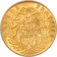 reverse of 5 Francs - Napoleon III (1862 - 1869) coin with KM# 803 from France. Inscription: EMPIRE FRANÇAIS 5 FRANCS 1864 A