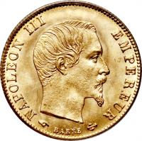 obverse of 5 Francs - Napoleon III (1855 - 1860) coin with KM# 787 from France. Inscription: NAPOLEON III EMPEREUR