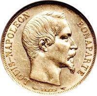 obverse of 20 Francs - Napoleon III (1852) coin with KM# 774 from France. Inscription: LOUIS-NAPOLEON BONAPARTE