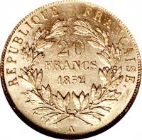 reverse of 20 Francs - Napoleon III (1852) coin with KM# 774 from France. Inscription: REPUBLIQUE FRANÇAISE 20 FRANCS 1852 A