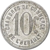 reverse of 10 Centimes - Hérault (1921 - 1924) coin from France. Inscription: CHAMBRES DE COMMERCE 10 c. DE L'HERAULT