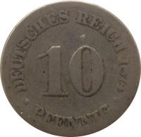 reverse of 10 Pfennig - Wilhelm I - Small eagle (1873 - 1889) coin with KM# 4 from Germany. Inscription: DEUTSCHES REICH 1876 10 . PFENNIG .