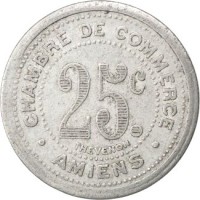 France coin 25 Centimes - Amiens (1920 - 1922) reverse reverse of 25 Centimes - Amiens (1920 - 1922) coin from France. Inscription: CHAMBRE DE COMMERCE 25c THEVENON AMIENS