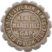 obverse of 10 Centimes - Provance (1921) coin from France. Inscription: AVIGNON · NIMES · DIGNE · TOULON · ARLES · NICE ALAIS MARSEILLE GAP