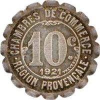 France coin 10 Centimes - Provance (1921) reverse reverse of 10 Centimes - Provance (1921) coin from France. Inscription: CHAMBRES DE COMMERCE 10C 1921 RÉGION PROVENÇALE