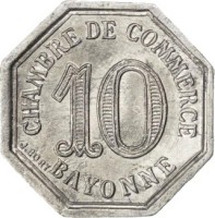 France coin 10 Centimes - Bayonne (1920) reverse reverse of 10 Centimes - Bayonne (1920) coin from France. Inscription: CHAMBRE DE COMMERCE 10 BAYONNE