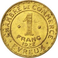 reverse of 1 Franc - Evreux (1922) coin from France. Inscription: CHAMBRE DE COMMERCE · 1 · FRANC 1922 · EVREUX ·