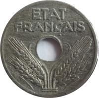 obverse of 20 Centimes (1941) coin with KM# 899 from France. Inscription: ETAT FRANÇAIS