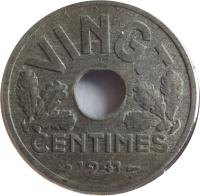 France coin 20 Centimes (1941) reverse reverse of 20 Centimes (1941) coin with KM# 899 from France. Inscription: VINGT CENTIMES 1941