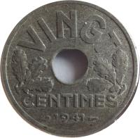 reverse of 20 Centimes (1941) coin with KM# 899 from France. Inscription: VINGT CENTIMES 1941