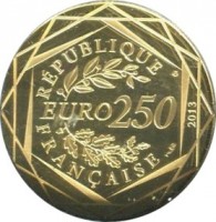 France coin 250 Euro - Paix (2013) reverse reverse of 250 Euro - Paix (2013) coin with KM# 1764 from France. Inscription: RÉPUBLIQUE FRANÇAISE EURO 250 2013