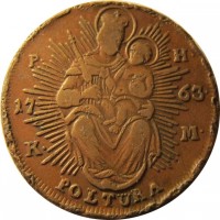 reverse of 1 Poltura - Maria Theresa (1763 - 1766) coin with KM# 377 from Hungary. Inscription: P.H. 17 63 K.M. POLTURA