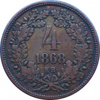 reverse of 4 Krajczár - Franz Joseph I (1868) coin with KM# 442 from Hungary. Inscription: 4 1868 K.B.