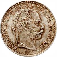 obverse of 10 Krajczár - Franz Joseph I (1870 - 1889) coin with KM# 451 from Hungary. Inscription: FERENCZ JÓZSEF I K · A · CS · ES · M H · S · D · O · AP · KIR · K.B.