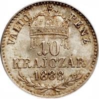 reverse of 10 Krajczár - Franz Joseph I (1870 - 1889) coin with KM# 451 from Hungary. Inscription: VALTÓ PÉNZ 10 KRAJCZÁR 1888