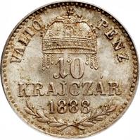 Hungary coin 10 Krajczár - Franz Joseph I (1870 - 1889) reverse reverse of 10 Krajczár - Franz Joseph I (1870 - 1889) coin with KM# 451 from Hungary. Inscription: VALTÓ PÉNZ 10 KRAJCZÁR 1888