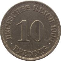 reverse of 10 Pfennig - Wilhelm II - Large eagle (1890 - 1916) coin with KM# 12 from Germany. Inscription: DEUTSCHES REICH 1900 10 . PFENNIG .