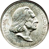 reverse of 2 Pengő - Miklós Horthy - Death of Liszt (1936) coin with KM# 515 from Hungary.