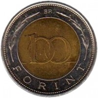 reverse of 100 Forint - Lajos Kossuth (2002) coin with KM# 760 from Hungary. Inscription: BP. 100 FORINT