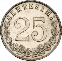 Italy coin 25 Centesimi - Vittorio Emanuele III (1902 - 1903) reverse reverse of 25 Centesimi - Vittorio Emanuele III (1902 - 1903) coin with KM# 36 from Italy. Inscription: CENTESIMI 25