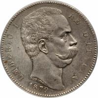 obverse of 5 Lire - Umberto I (1878 - 1879) coin with KM# 20 from Italy. Inscription: UMBERTO I RE D'ITALIA 1879