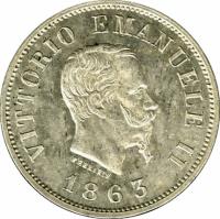obverse of 50 Centesimi - Vittorio Emanuele II (1863) coin with KM# 4a from Italy. Inscription: VITTORIO EMANUELE II FERRARIS 1863