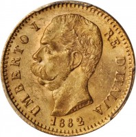 obverse of 20 Lire - Umberto I (1879 - 1897) coin with KM# 21 from Italy. Inscription: UMBERTO I RE D'ITALIA SPERANZA 1882