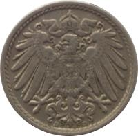 obverse of 5 Pfennig - Wilhelm II - Large eagle (1890 - 1915) coin with KM# 11 from Germany. Inscription: G G