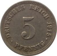 Germany coin 5 Pfennig - Wilhelm II - Large eagle (1890 - 1915) reverse reverse of 5 Pfennig - Wilhelm II - Large eagle (1890 - 1915) coin with KM# 11 from Germany. Inscription: DEUTSCHES REICH 1895 5 . PFENNIG .