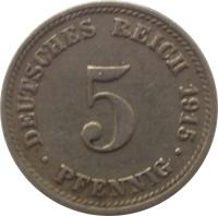 reverse of 5 Pfennig - Wilhelm II - Large eagle (1890 - 1915) coin with KM# 11 from Germany. Inscription: DEUTSCHES REICH 1895 5 . PFENNIG .