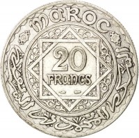Morocco coin 20 Francs - Mohammed V (1929 - 1934) reverse reverse of 20 Francs - Mohammed V (1929 - 1934) coin with Y# 39 from Morocco. Inscription: MAROC 20 FRANCS