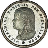 obverse of 25 Cents - Wilhelmina (1891 - 1897) coin with KM# 115 from Netherlands. Inscription: WILHELMINA KONINIGIN DER NEDERLANDEN
