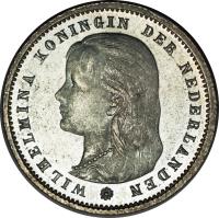 Netherlands coin 25 Cents - Wilhelmina (1891 - 1897) obverse obverse of 25 Cents - Wilhelmina (1891 - 1897) coin with KM# 115 from Netherlands. Inscription: WILHELMINA KONINIGIN DER NEDERLANDEN