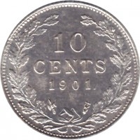 reverse of 10 Cents - Wilhelmina (1898 - 1901) coin with KM# 119 from Netherlands. Inscription: 10 CENTS 1901