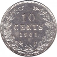 Netherlands coin 10 Cents - Wilhelmina (1898 - 1901) reverse reverse of 10 Cents - Wilhelmina (1898 - 1901) coin with KM# 119 from Netherlands. Inscription: 10 CENTS 1901