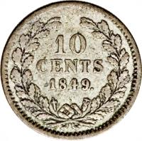 Netherlands coin 10 Cents - Willem II (1848 - 1849) reverse reverse of 10 Cents - Willem II (1848 - 1849) coin with KM# 75 from Netherlands. Inscription: 10 CENTS 1849.