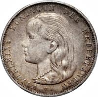 obverse of 1 Gulden - Wilhelmina (1892 - 1897) coin with KM# 117 from Netherlands. Inscription: WILHELMINA KONINGIN DER NEDERLANDEN