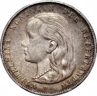 Netherlands coin 1 Gulden - Wilhelmina (1892 - 1897) obverse obverse of 1 Gulden - Wilhelmina (1892 - 1897) coin with KM# 117 from Netherlands. Inscription: WILHELMINA KONINGIN DER NEDERLANDEN