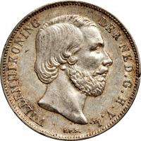 obverse of 1 Gulden - Willem III (1850 - 1867) coin with KM# 93 from Netherlands. Inscription: WILLEM III KONING DER NED. G. H. V. L.